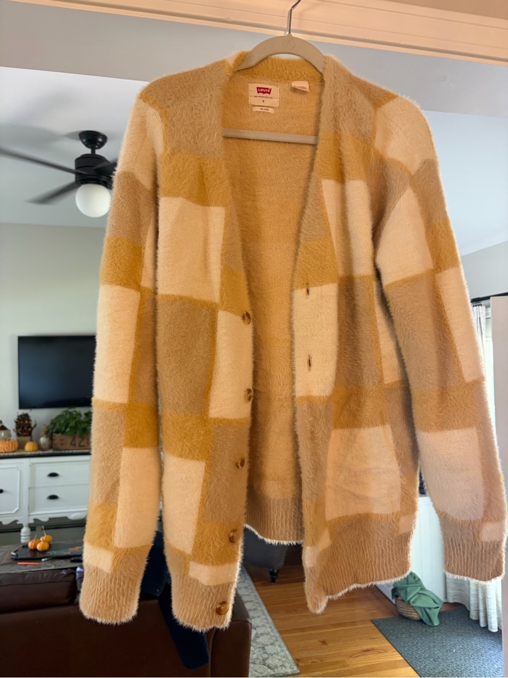 Levi's Lama Cardigan Geoff Geo Egret Fuzzy Checkerboard Yellow White Small S